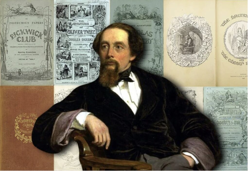 Charles Dickens in front of some of his famous book covers